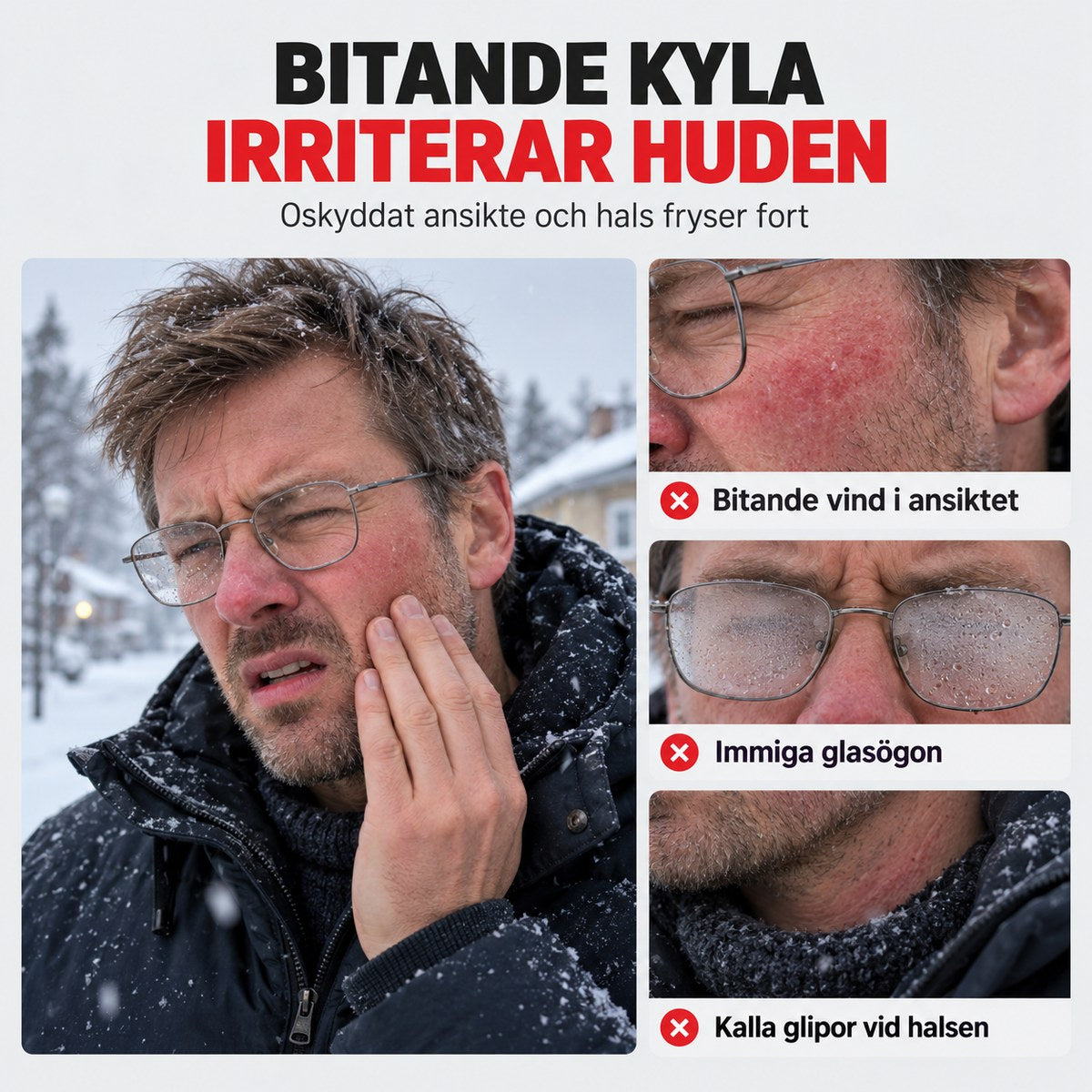 Bitande kyla irriterar huden, kalla kinder och immiga glasögon