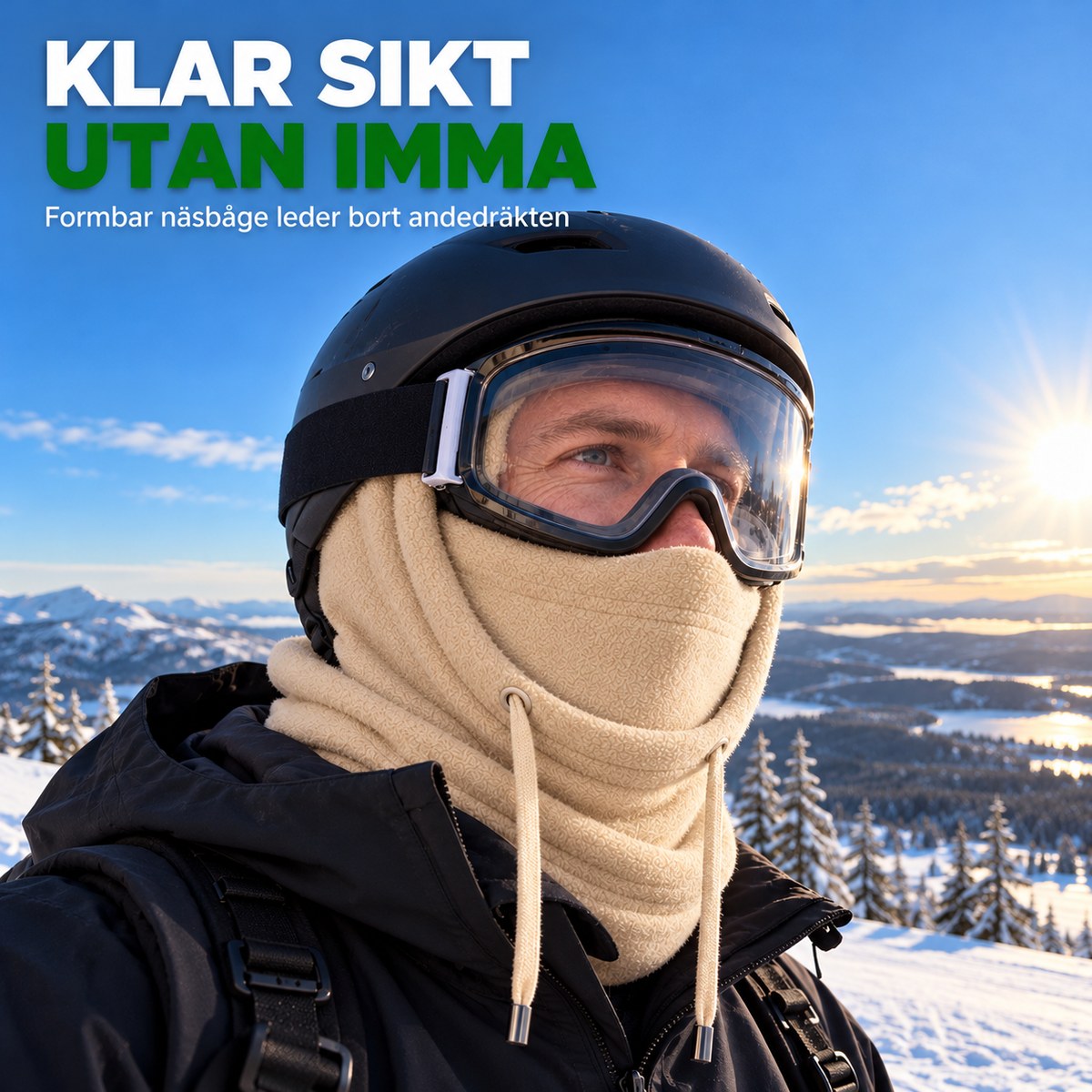 Skidåkare med beige FrostGuard och klara skidglasögon