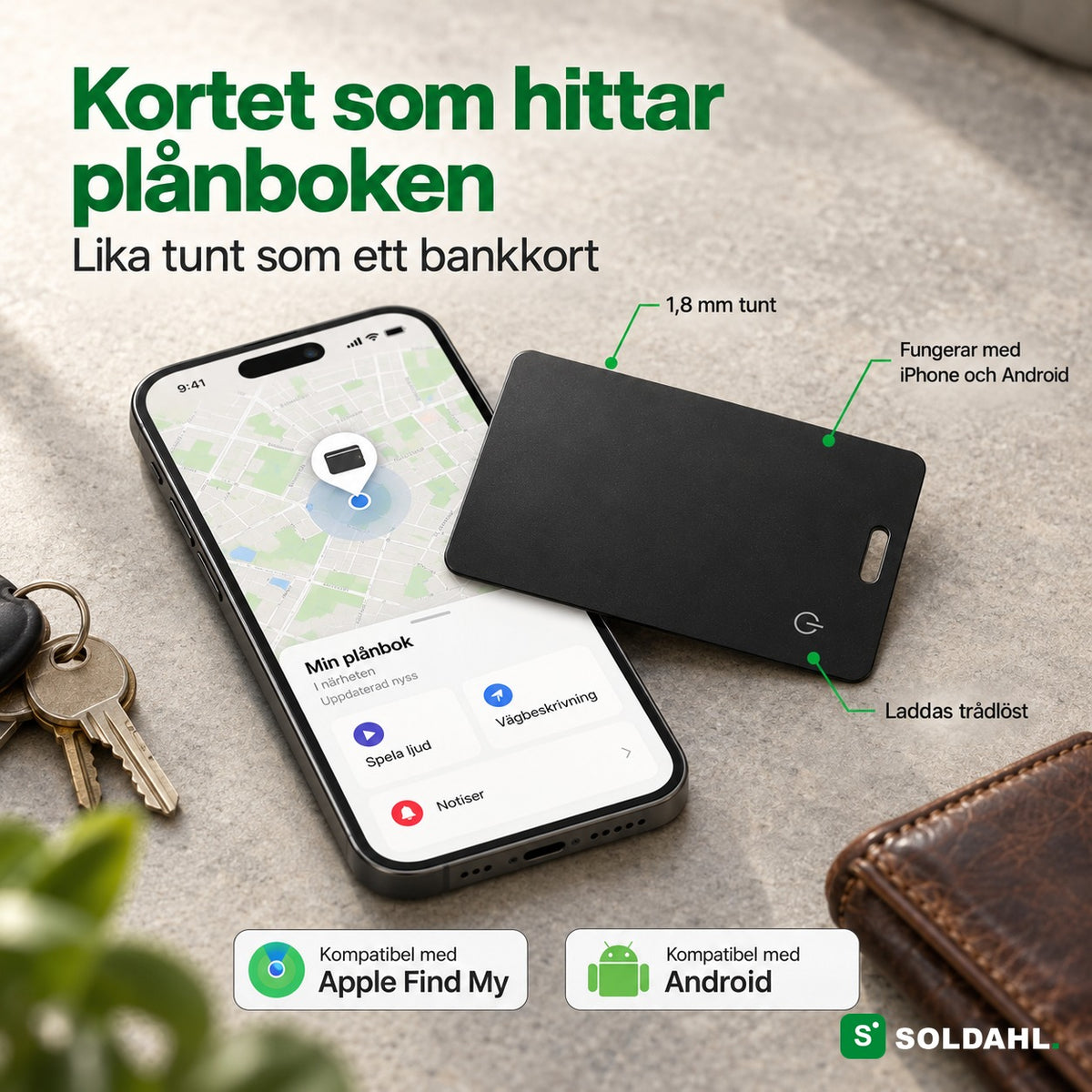 Svart spårkort i bankkortsformat bredvid en telefon som visar plånbokens plats på kartan