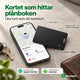 Svart spårkort i bankkortsformat bredvid en telefon som visar plånbokens plats på kartan