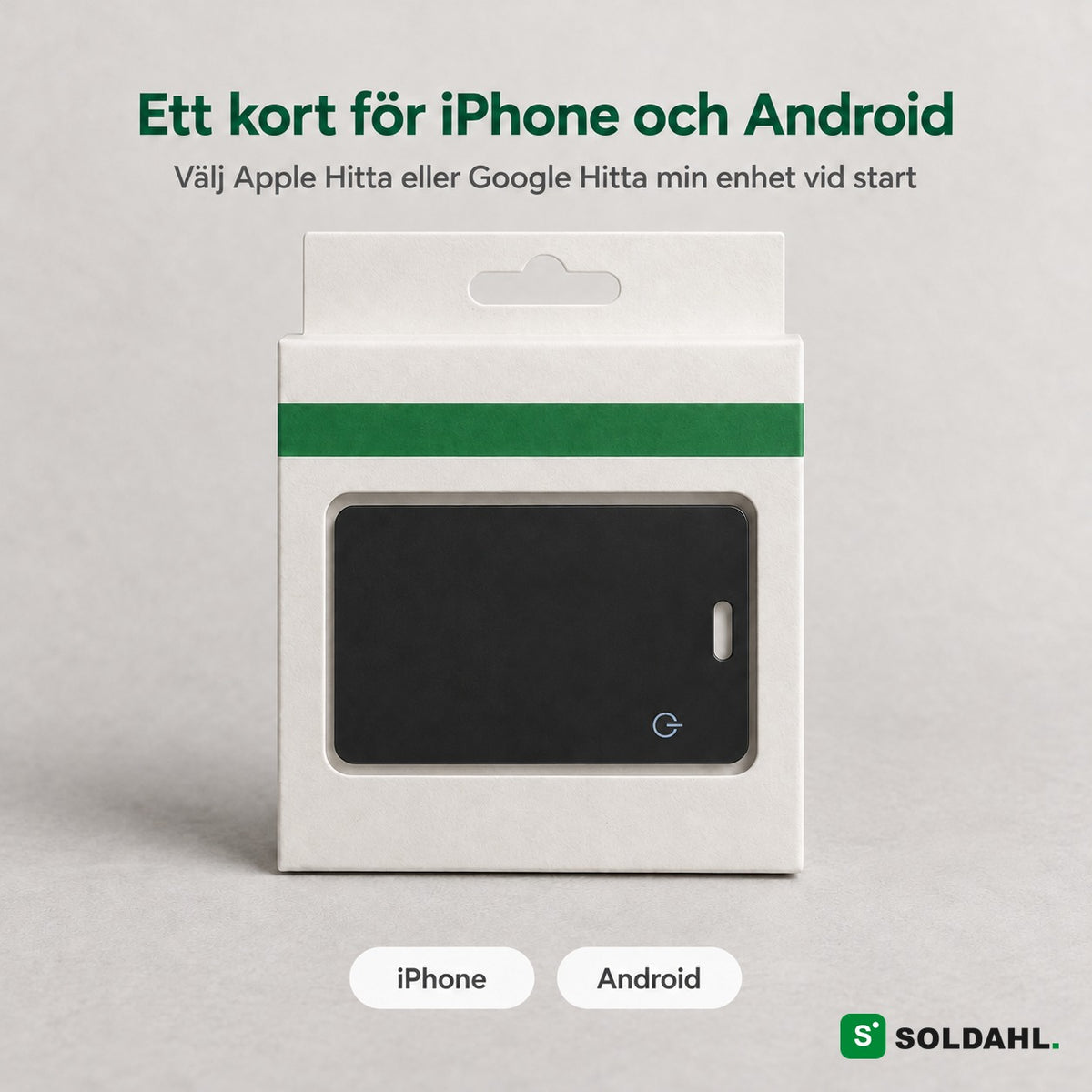 Omärkt förpackning med spårkortet och etiketter för iPhone och Android