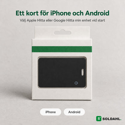 Omärkt förpackning med spårkortet och etiketter för iPhone och Android