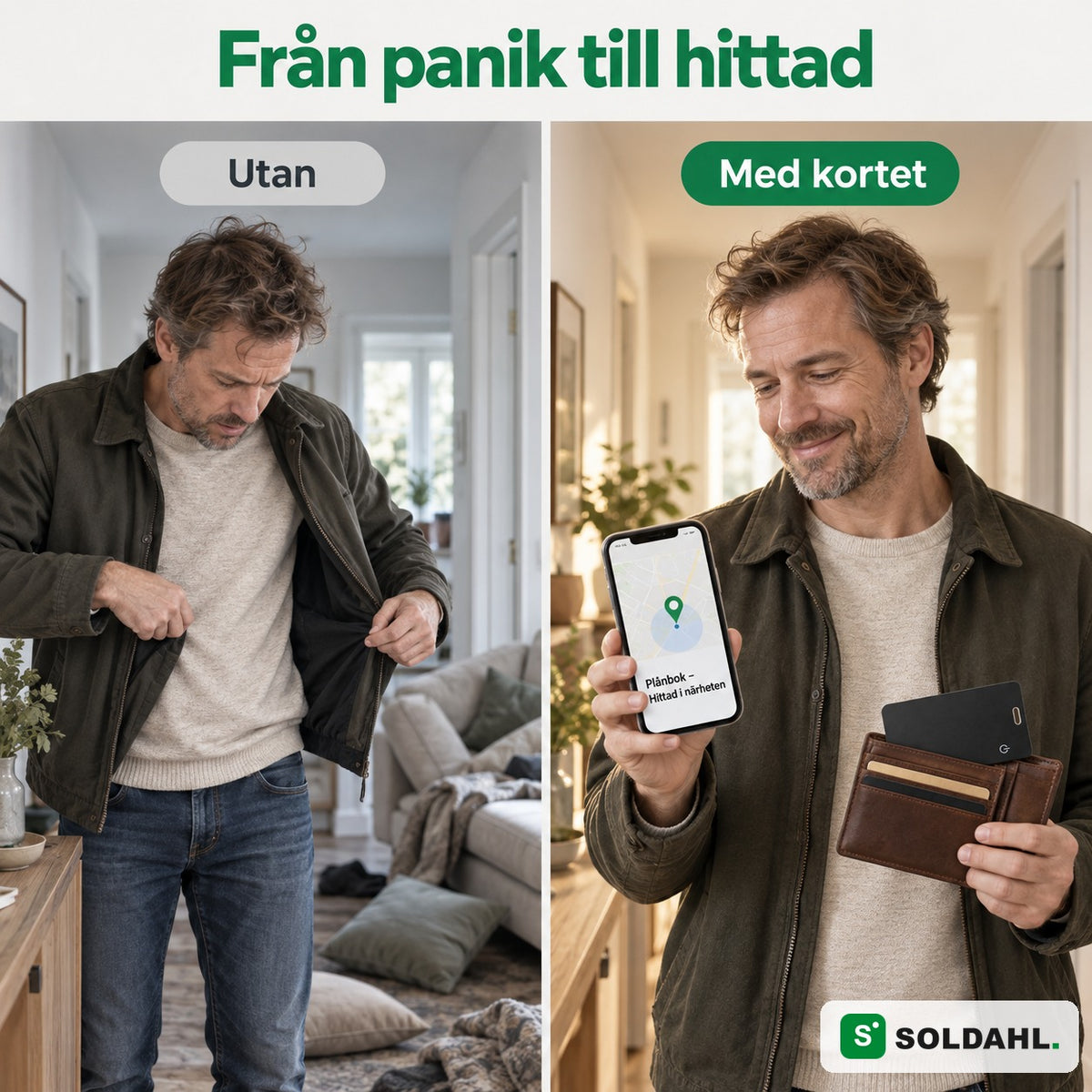 Man som letar i fickorna bredvid samma man som hittat plånboken med telefonen
