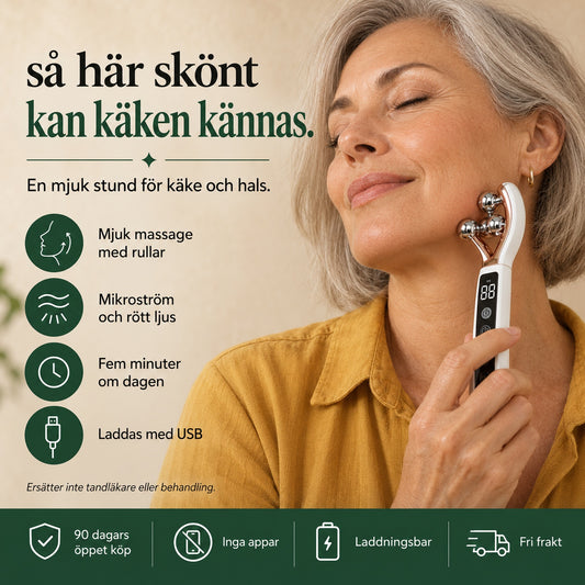 Käkro ansiktsroller med fördelar, kvinna med silvergrått hår masserar käken