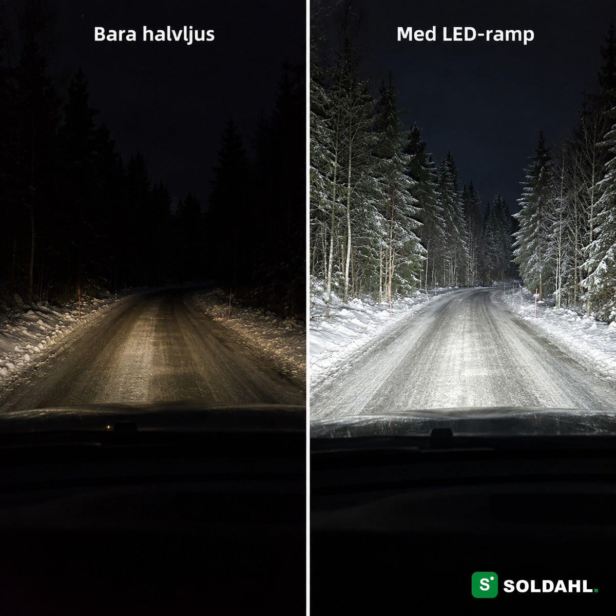 Jämförelse mellan bara halvljus och med LED-ramp på en mörk skogsväg