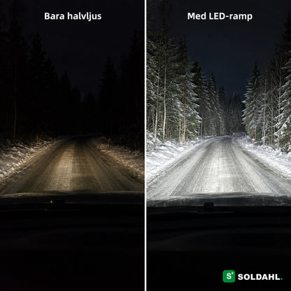Jämförelse mellan bara halvljus och med LED-ramp på en mörk skogsväg