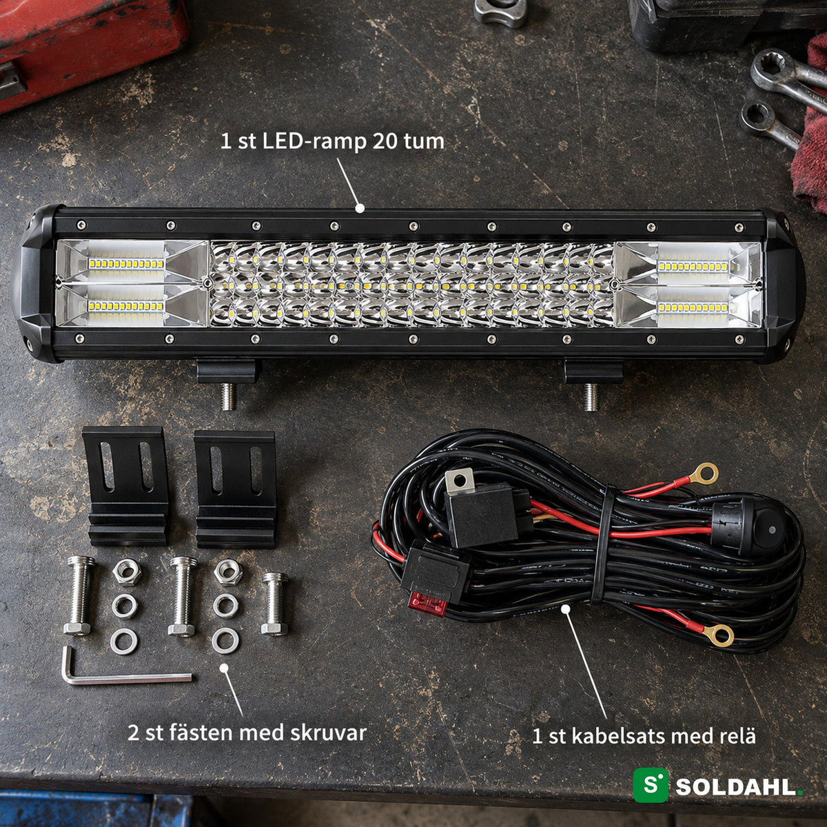 Vad som ingår: LED-ramp, två fästen med skruvar och kabelsats med relä