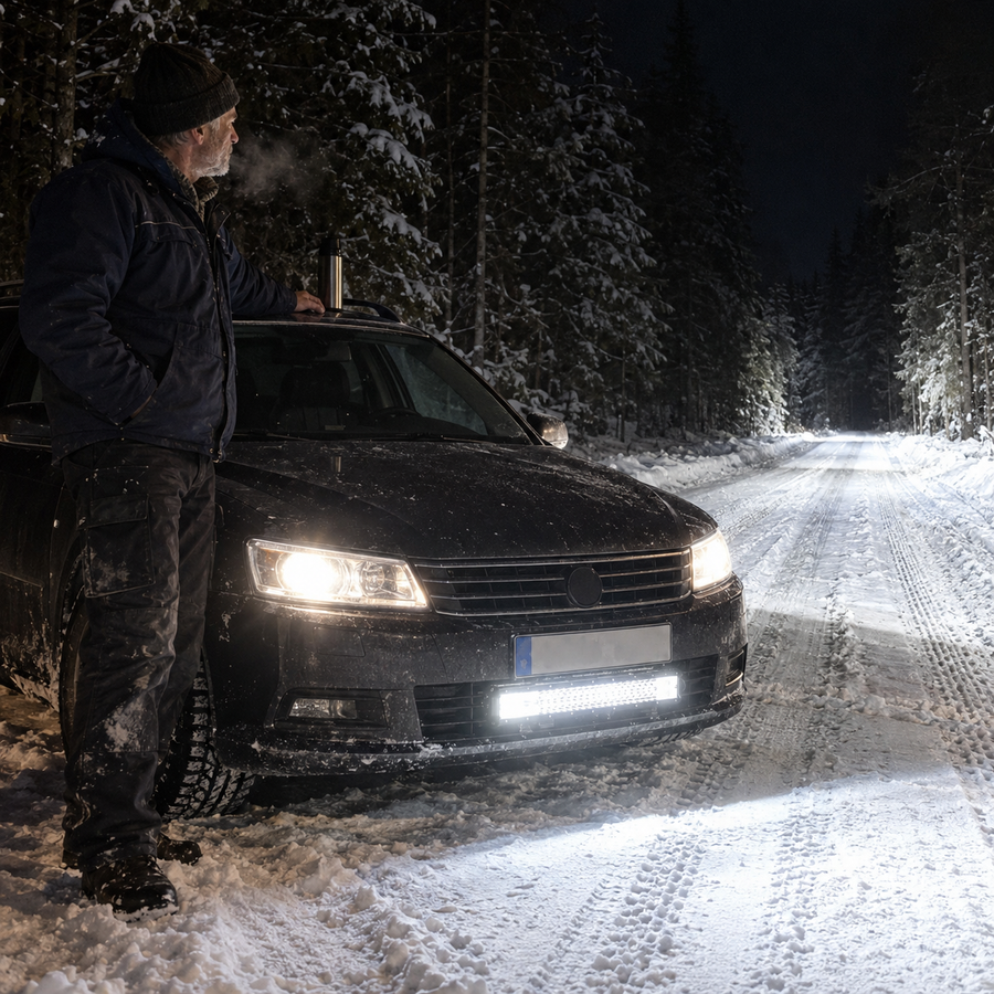 Mörk landsväg och för lite ljus framför bilen? Bilens halvljus lyser en bit, men vägkanten och det som finns längre fram syns sent.