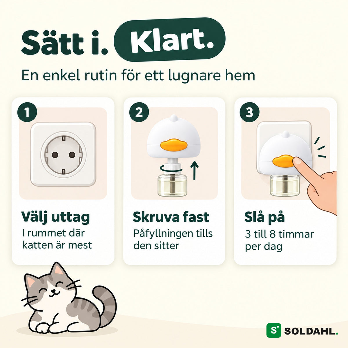 Sätt i, skruva fast påfyllningen och slå på, tre enkla steg