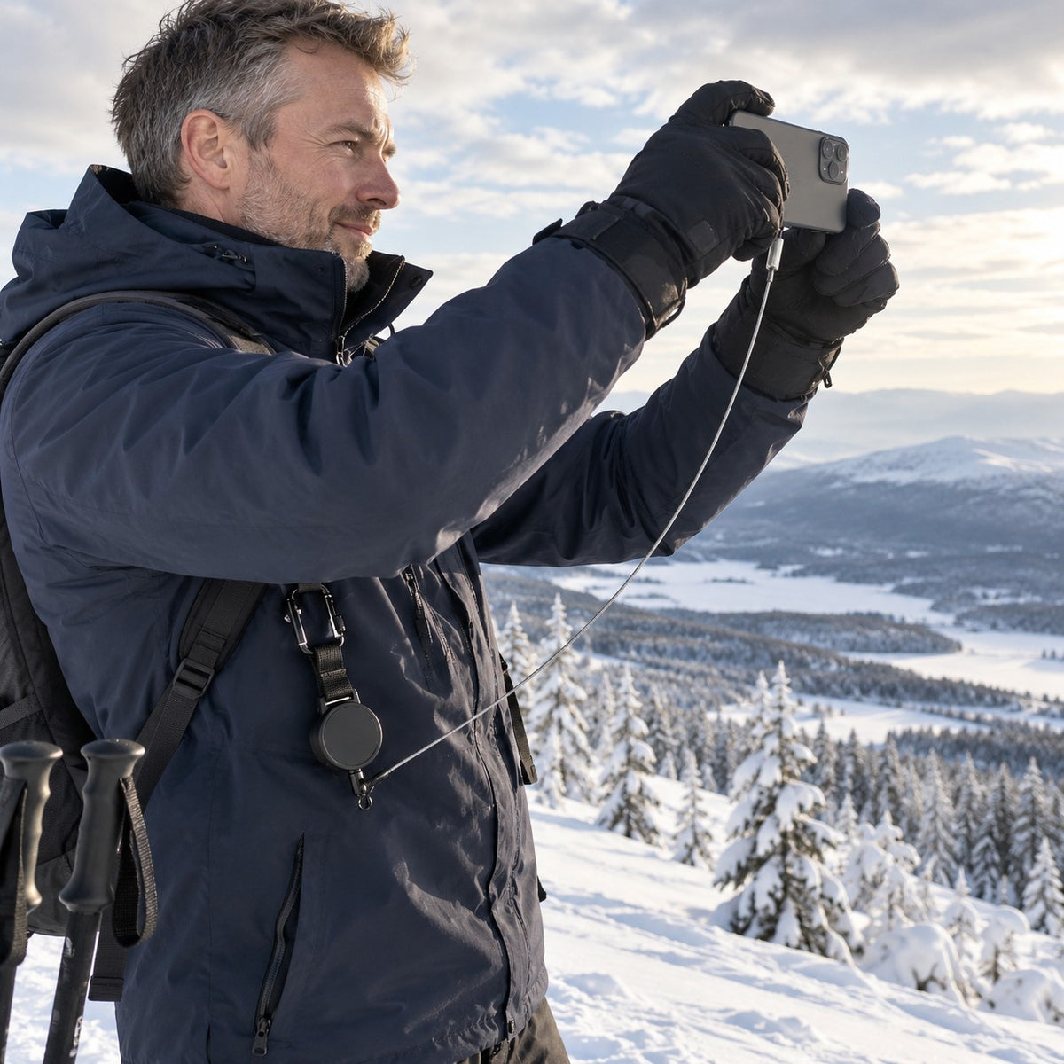 Skidåkare fotar fjällen med mobilen säkrad i Soldahl Liftsäkra mobilrem på jackan