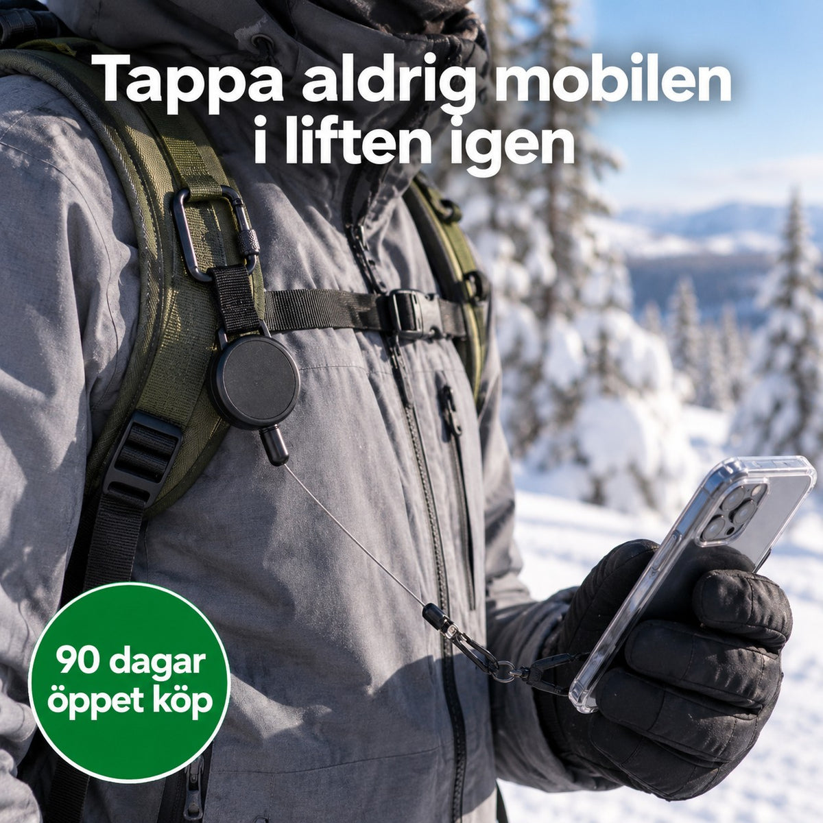 Tappa aldrig mobilen i liften igen, mobilrem fastsatt på ryggsäckens axelrem