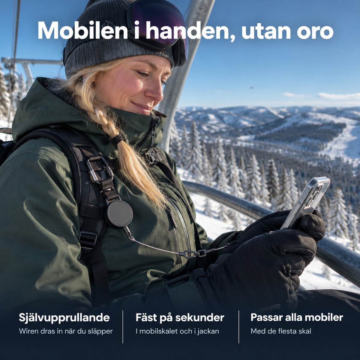 Kvinna i stolslift använder mobilen med wiren kopplad till jackan