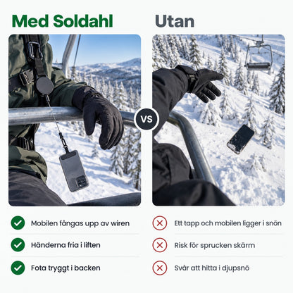 Jämförelse med och utan mobilrem i liften, mobilen fångas av wiren