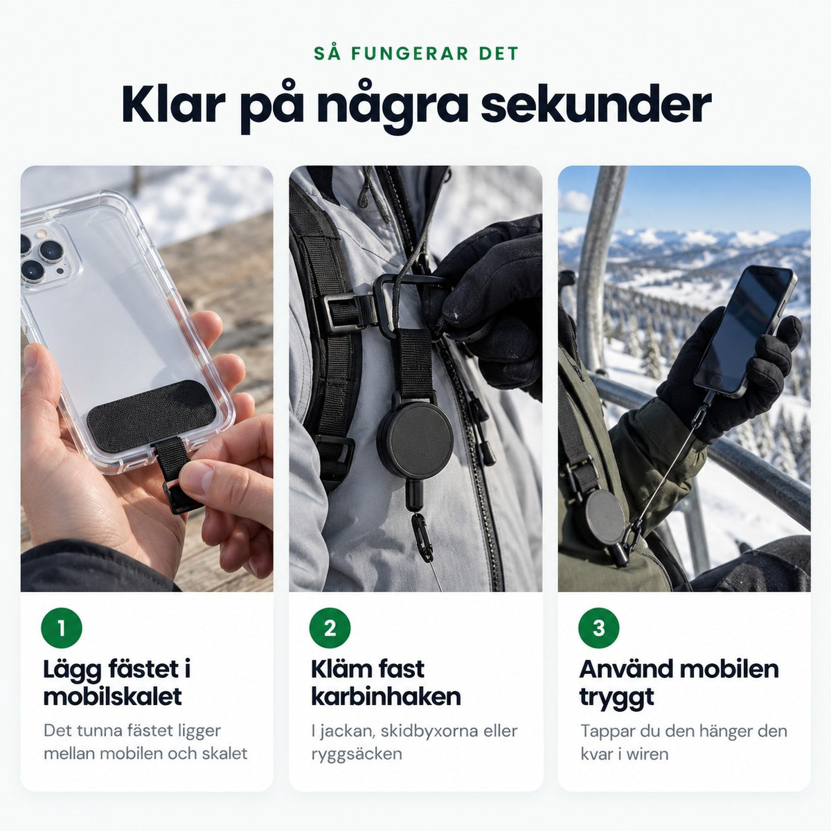 Så fungerar det, fästet i skalet, karbinhaken i jackan, mobilen trygg i liften