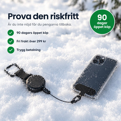 Prova den riskfritt med 90 dagars öppet köp, mobilrem och mobil i snön