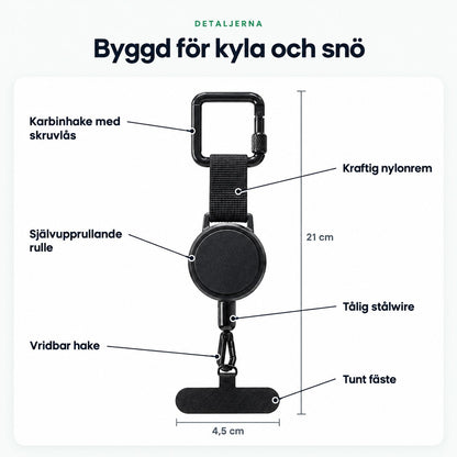 Detaljer och mått, karbinhake, nylonrem, rulle, stålwire, vridbar hake, fäste 4,5 cm, 21 cm