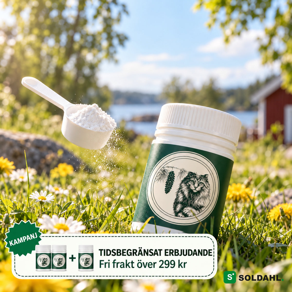 Pälsfri burk med mätskopa på en sommaräng, tidsbegränsat erbjudande