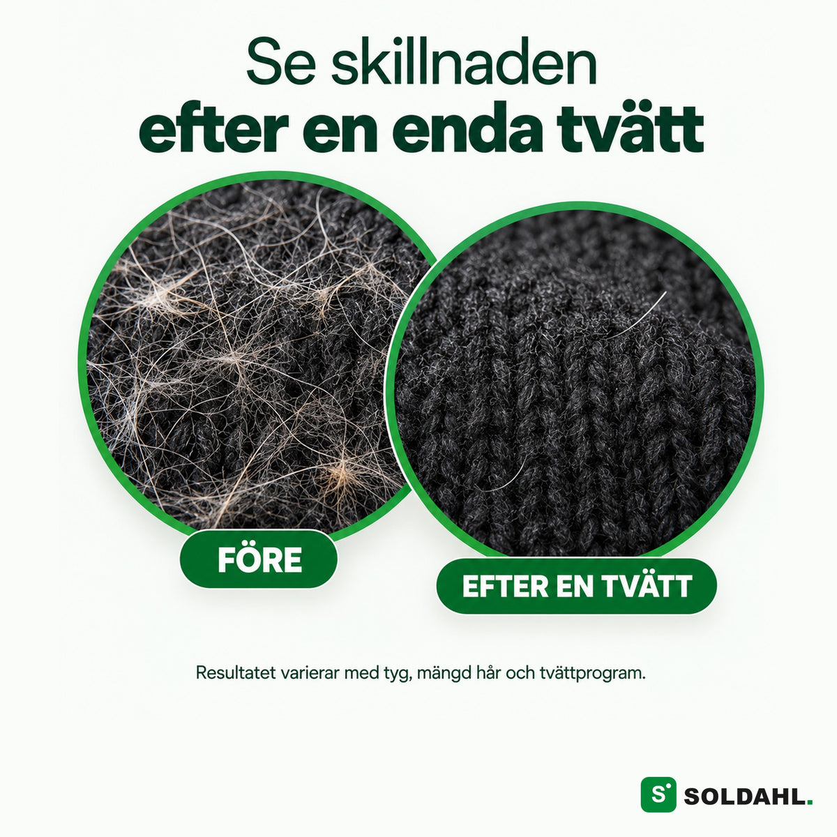 Mörk tröja före och efter en tvätt med Pälsfri, mycket mindre djurhår