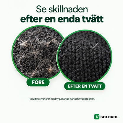 Mörk tröja före och efter en tvätt med Pälsfri, mycket mindre djurhår