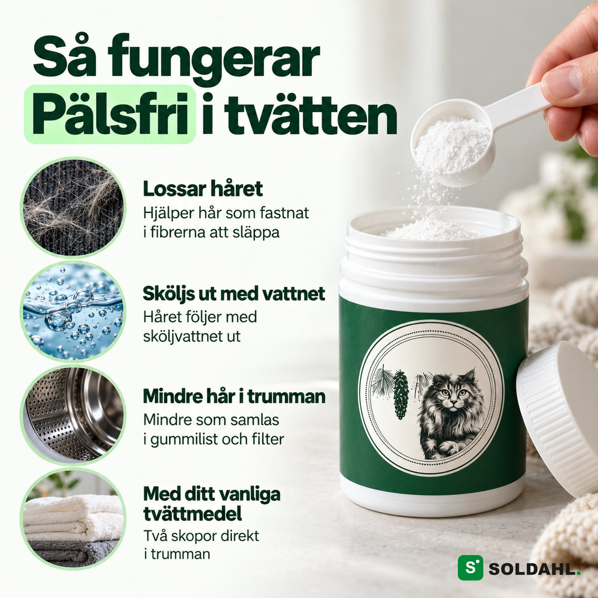 Så fungerar Pälsfri i tvätten: lossar håret och sköljs ut med vattnet