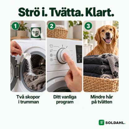 Tre steg: två skopor i trumman, ditt vanliga program, mindre hår på tvätten