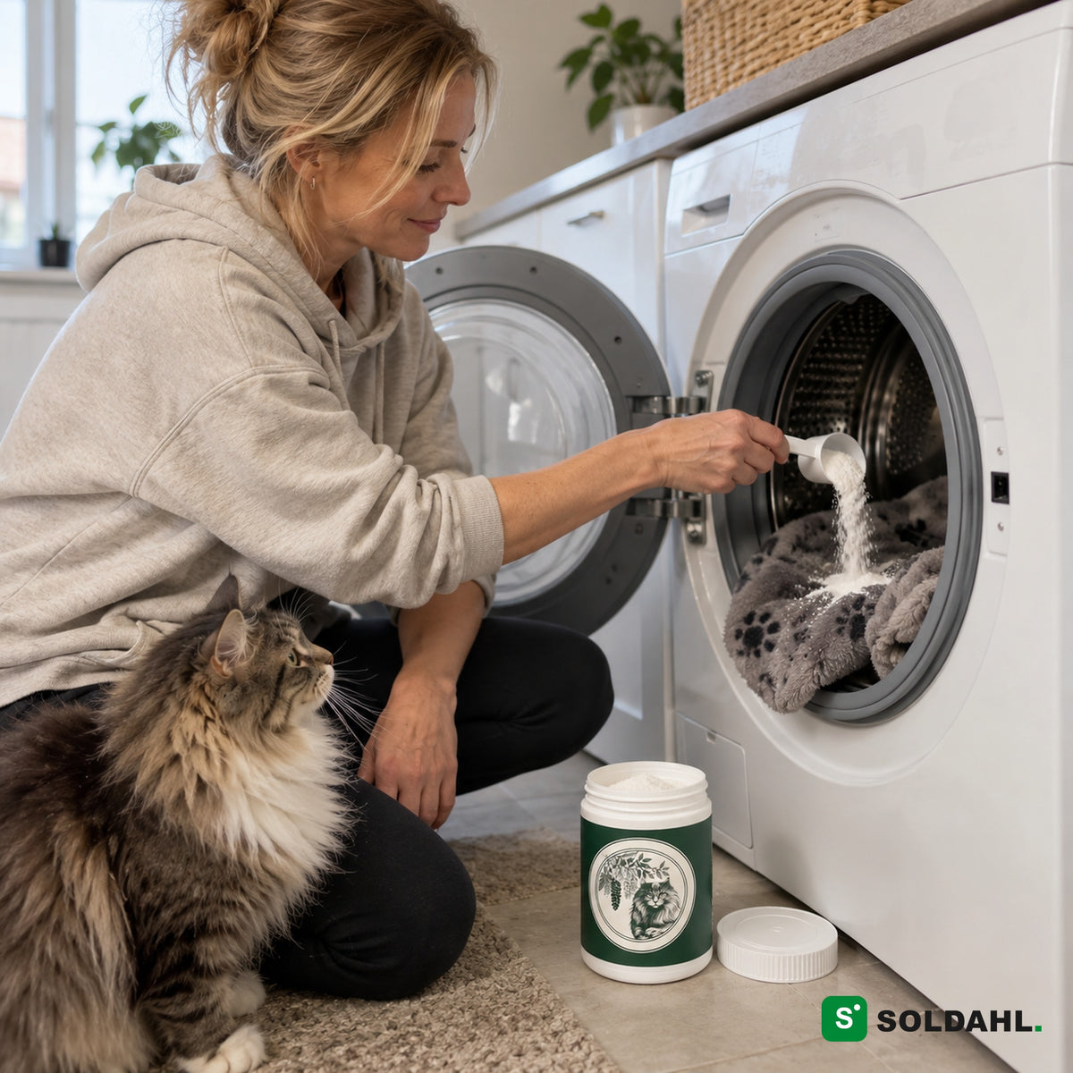 Kvinna strör Pälsfri i tvättmaskinens trumma med en katt bredvid