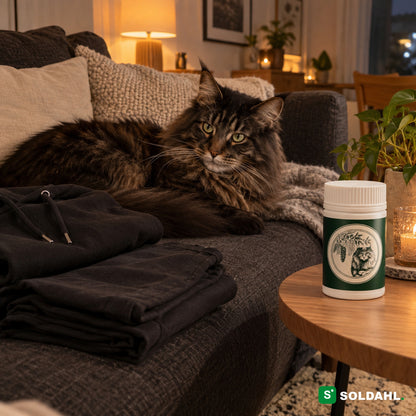 Långhårig katt i soffan bredvid rena svarta kläder utan hår