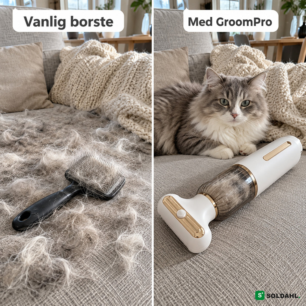 Soffan efter vanlig borste jämfört med GroomPro