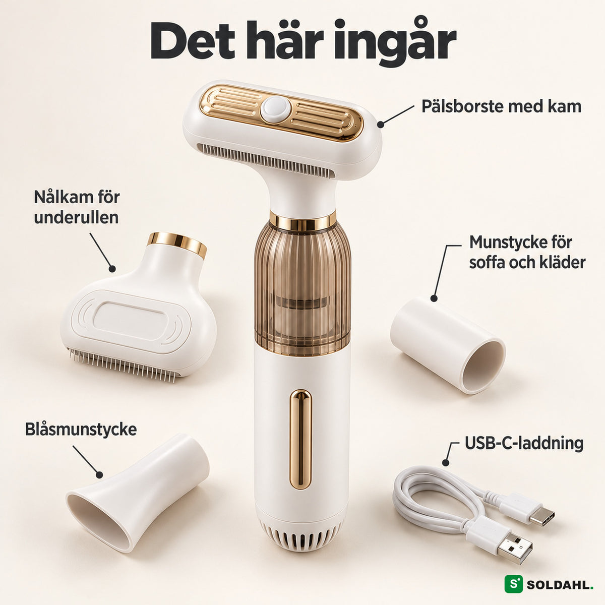 Det här ingår: GroomPro, fyra munstycken och USB-C-kabel