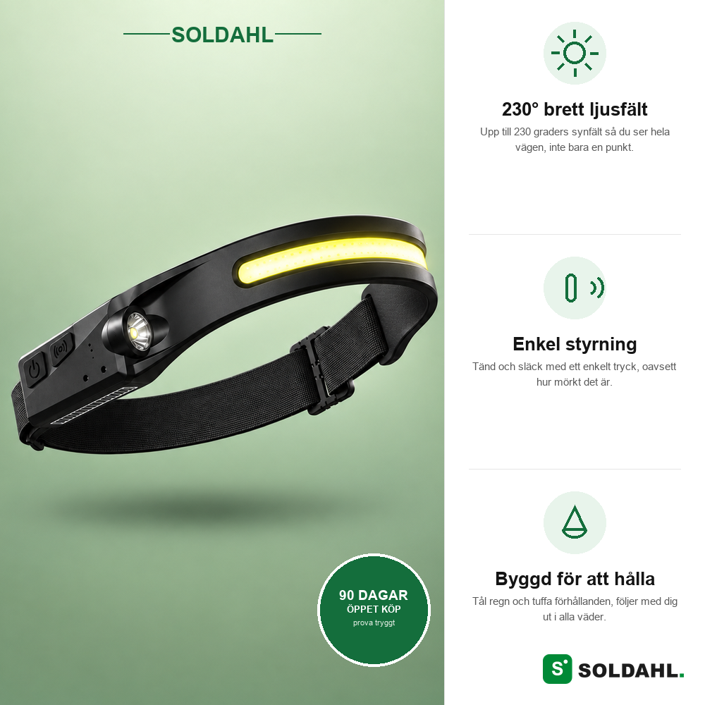 Soldahl® Vidsyn | 230° laddbar pannlampa