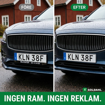 Före och efter: registreringsskylt i bilfirmans plastram mot ramlös skylt