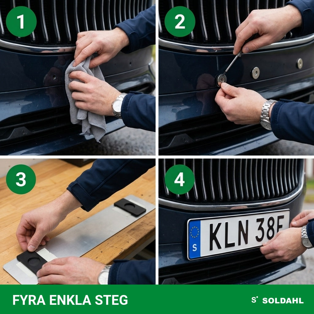 Montering i fyra steg: torka rent, skruva i magneterna, tejpa hållarna, klicka på skylten