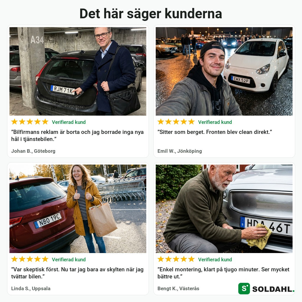 Fyra kunder med ramlösa skyltar på sina bilar