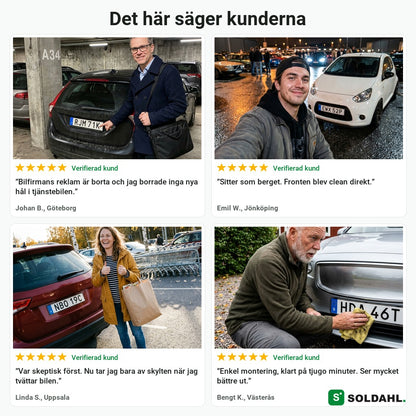 Fyra kunder med ramlösa skyltar på sina bilar