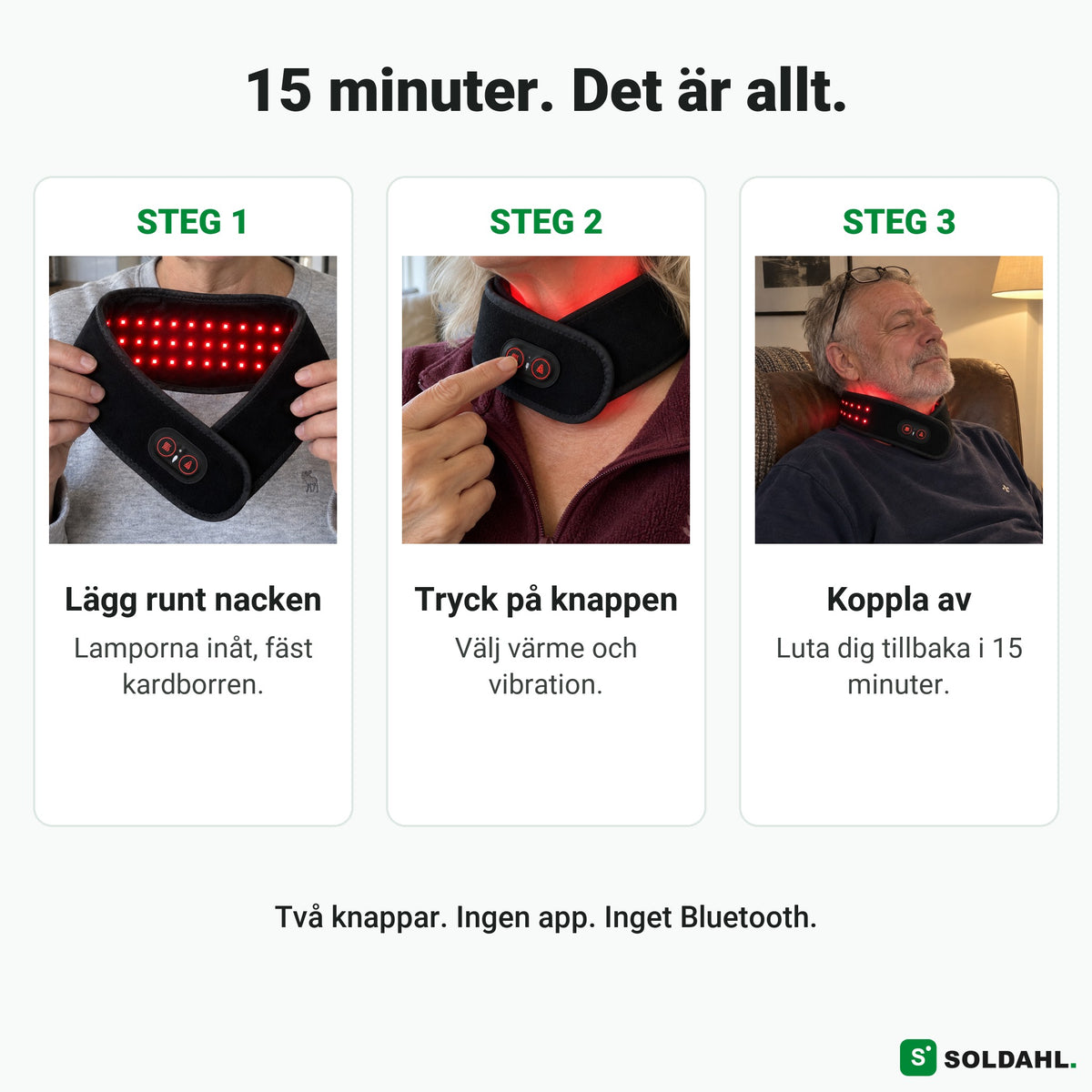 Tre steg: lägg runt nacken, tryck på knappen, koppla av i 15 minuter