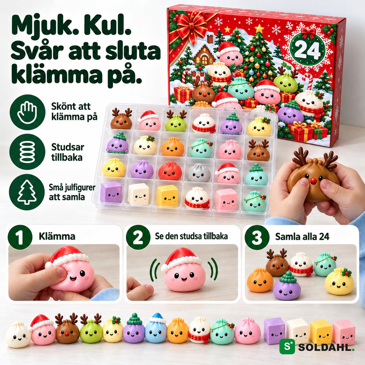 Barnhänder klämmer en mjuk renfigur som studsar tillbaka, tre steg