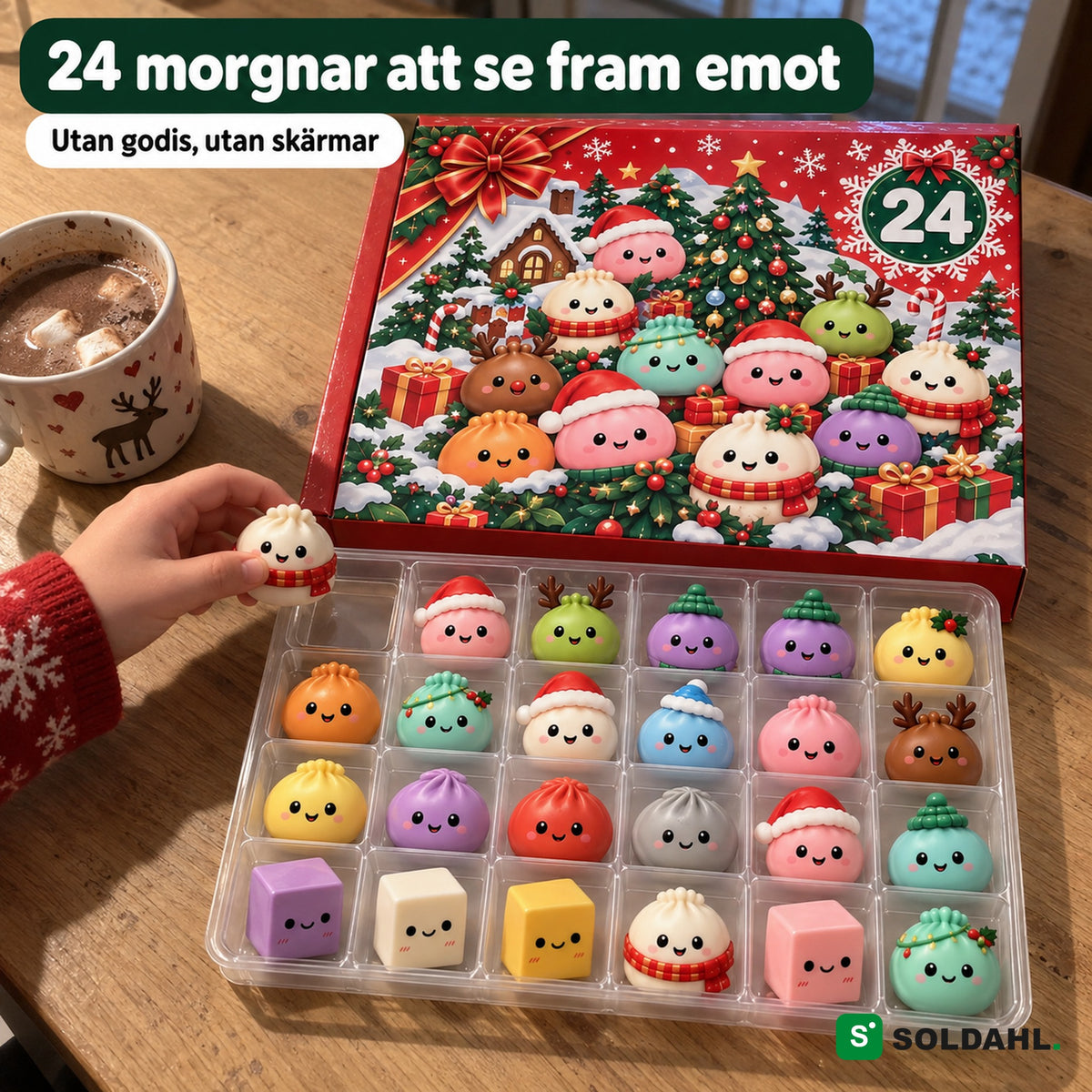 Barnhand tar dagens figur ur brickan vid frukostbordet en decembermorgon