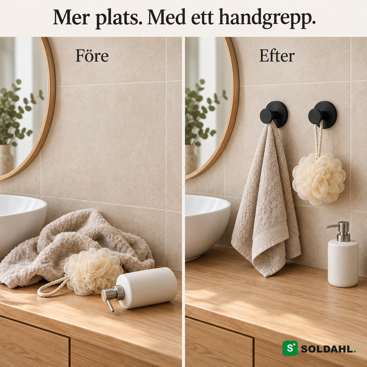 Fore och efter montering av Fastholm sugkoppskrok, matt svart, pa kakel