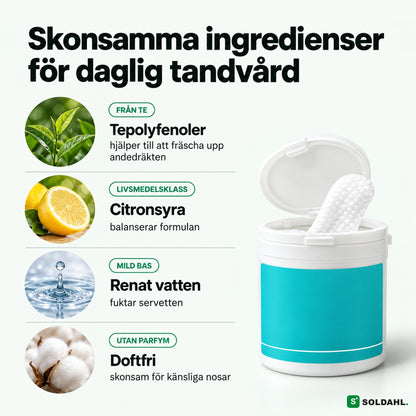 Skonsamma ingredienser: tepolyfenoler, citronsyra, renat vatten, doftfri