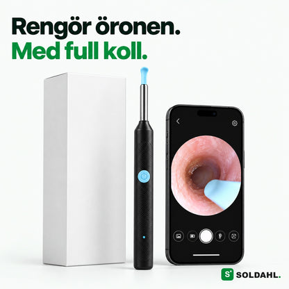 Vaxvy öronrengörare med kamera bredvid ask och mobil med livebild