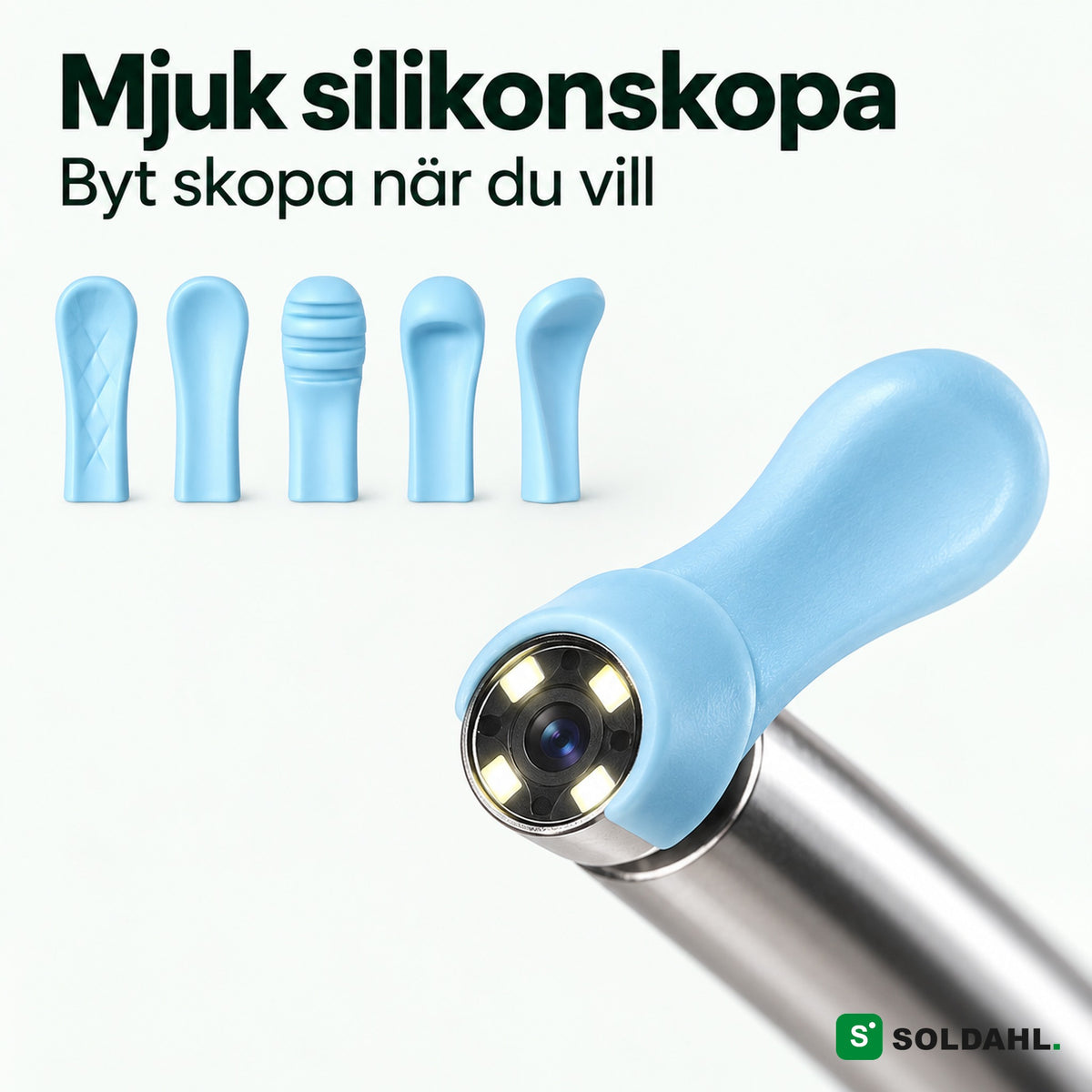 Närbild på mjuk silikonskopa och kamera med LED