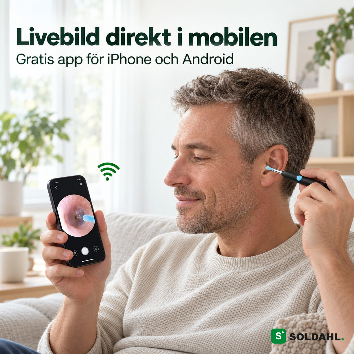 Man ser livebild från örat i mobilen via gratis app