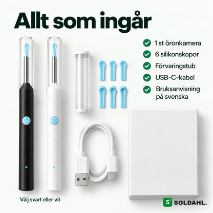 Allt som ingår: öronkamera, 6 skopor, tub och USB-C-kabel
