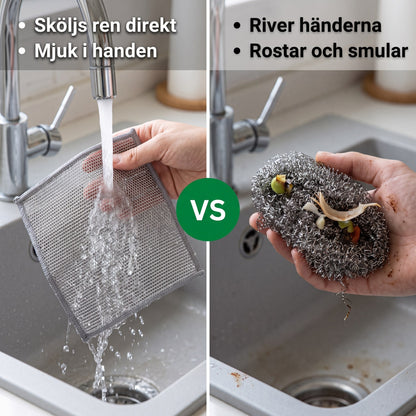 Skurro sköljs ren under kranen jämfört med stålull som rostar och smular