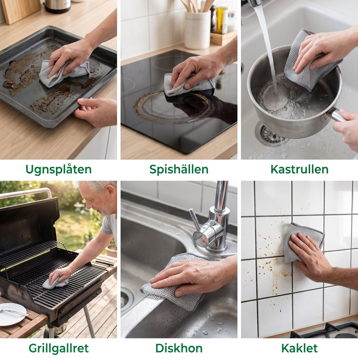 Skurro på ugnsplåt, spishäll, kastrull, grillgaller, diskho och kakel