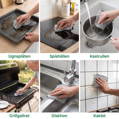 Skurro på ugnsplåt, spishäll, kastrull, grillgaller, diskho och kakel