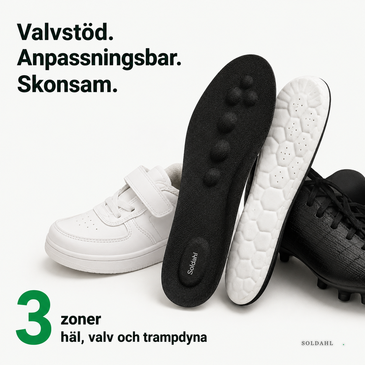 Valvstöd, anpassningsbar och skonsam, tre zoner häl valv och trampdyna
