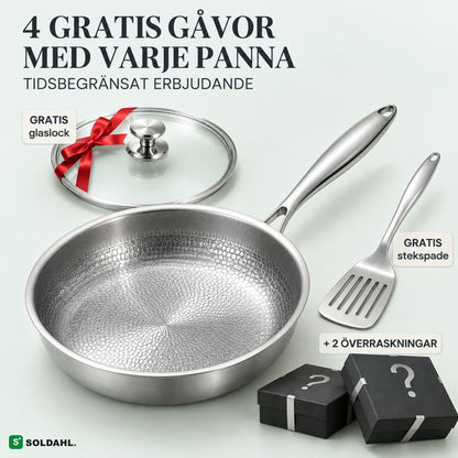 Soldahl Stekro stekpanna i titan med polerat stålhandtag, glaslock med rött band, stekspade och två presentaskar, gratis gåvor med varje panna