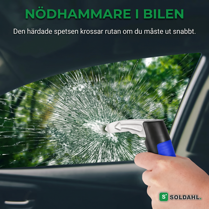 Nödhammare i bilen, härdad spets krossar rutan