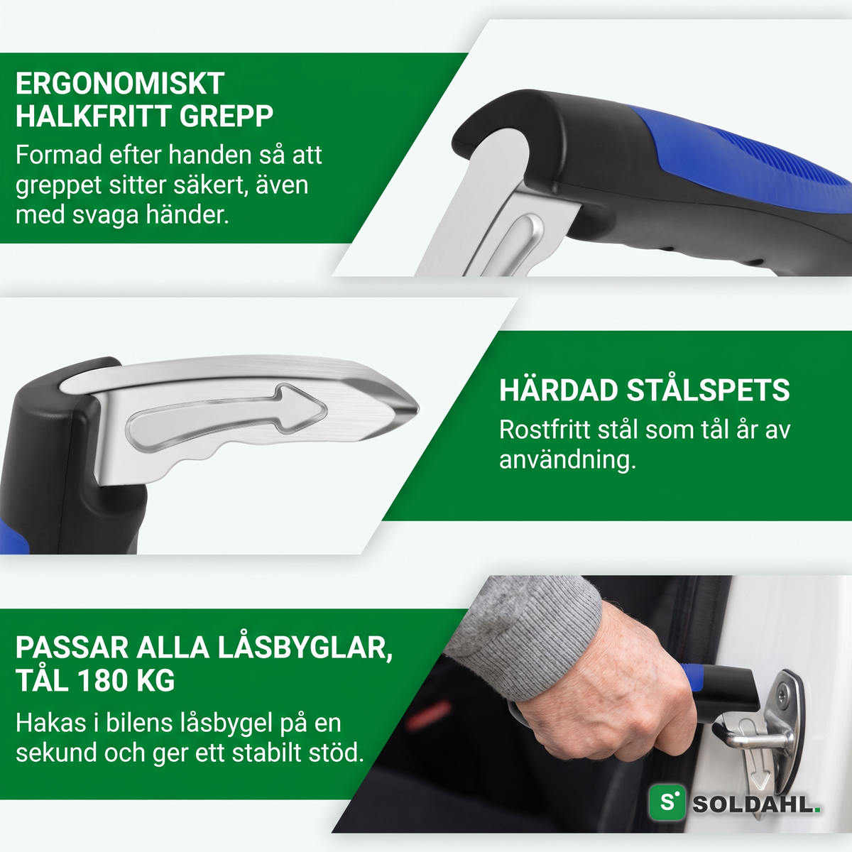 Ergonomiskt halkfritt grepp, härdad stålspets, passar alla låsbyglar